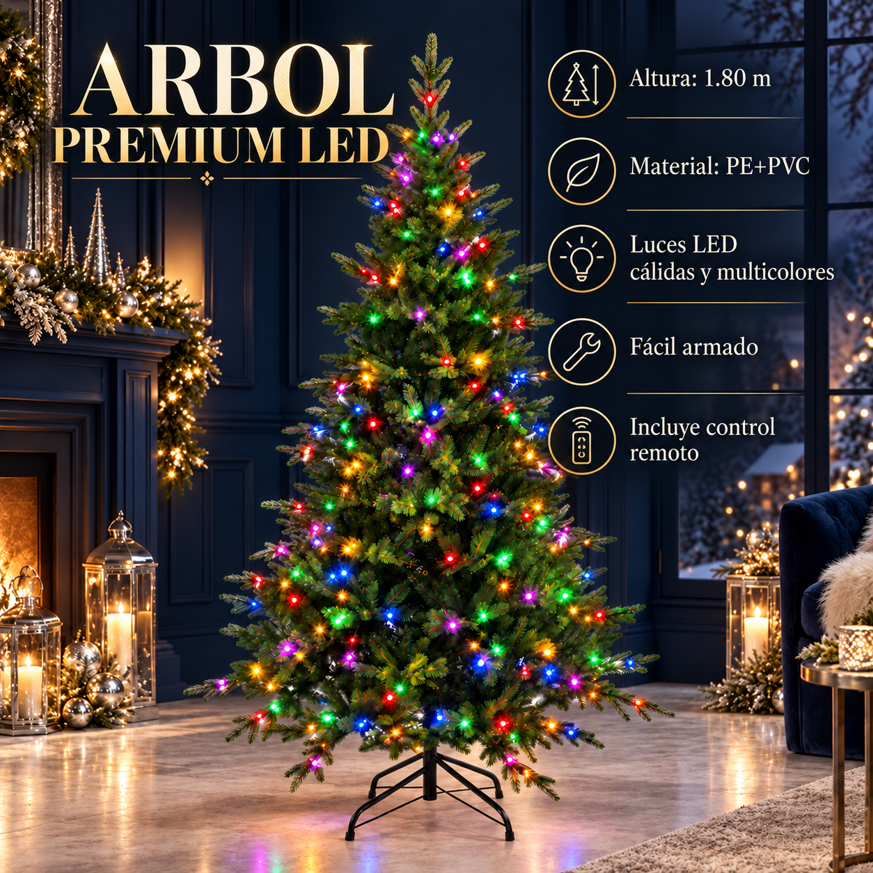 Características del árbol premium LED: altura, material, luces y control remoto