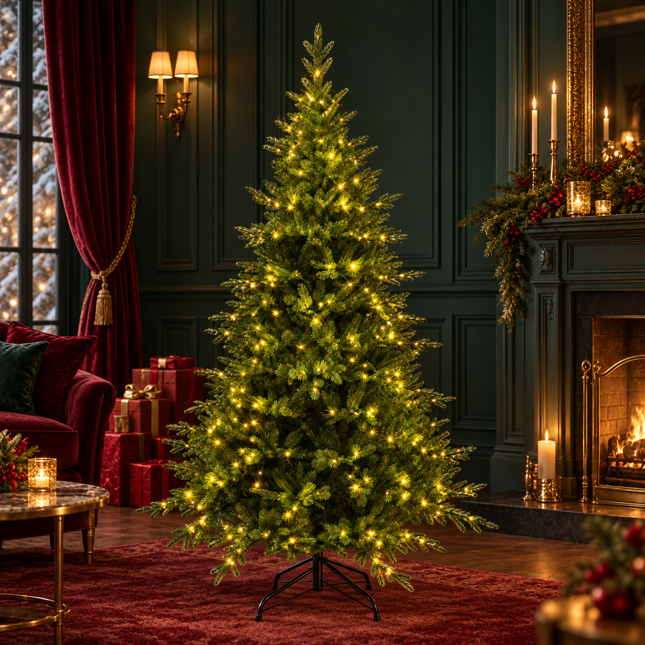 Árbol navideño de lujo en salón verde