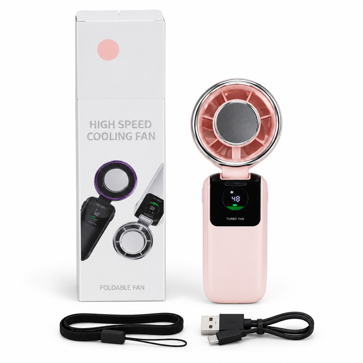 Ventilador rosado con caja, cable USB y correa