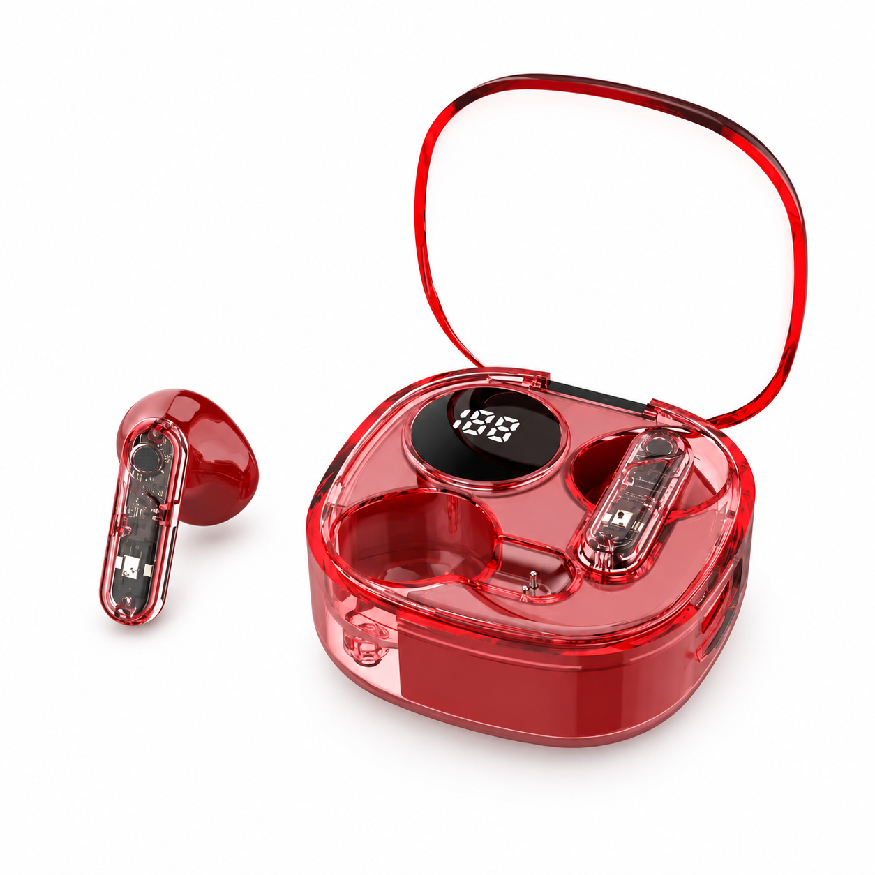 Audífonos rojos con estuche abierto