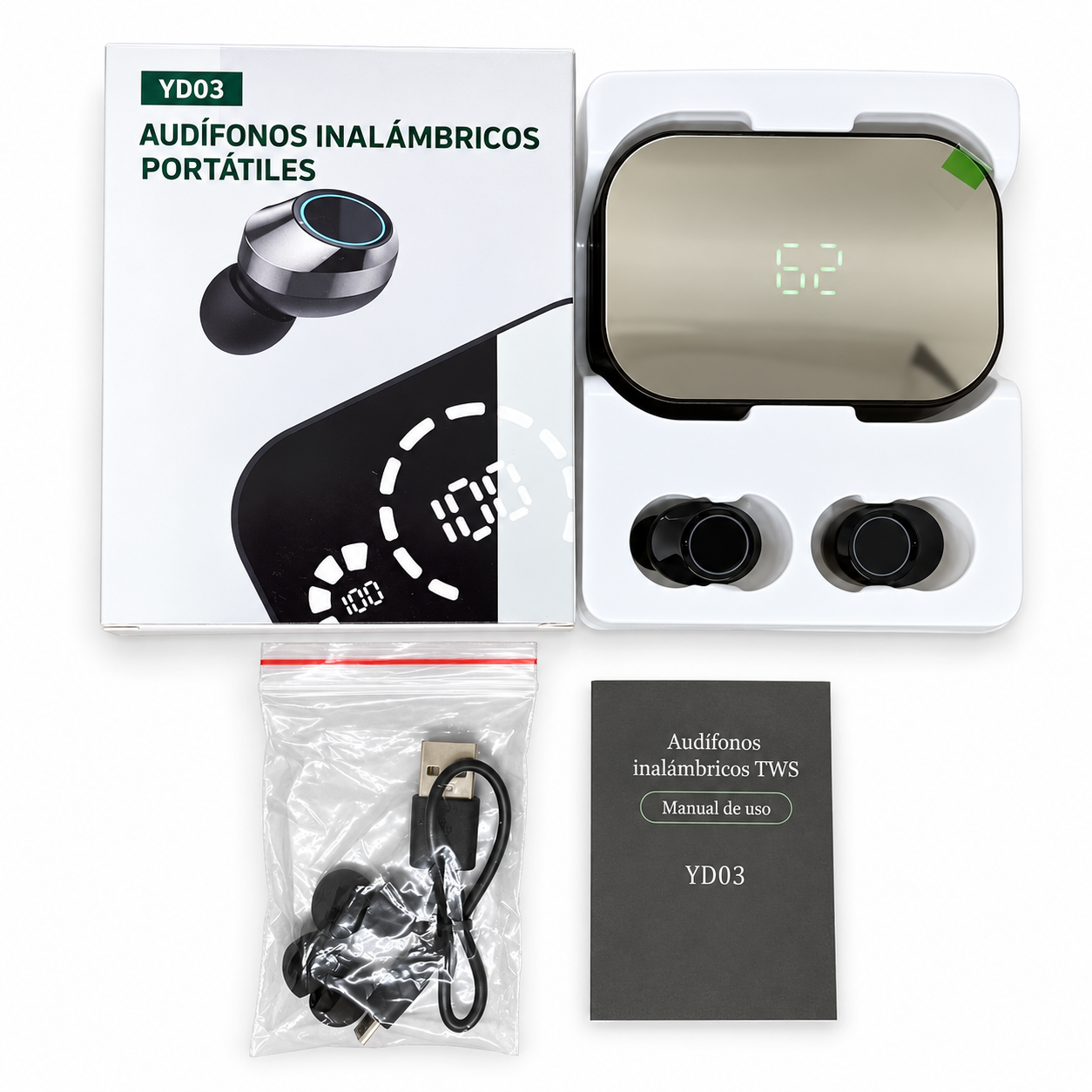 Kit YD03 con audífonos, estuche, cables y manual