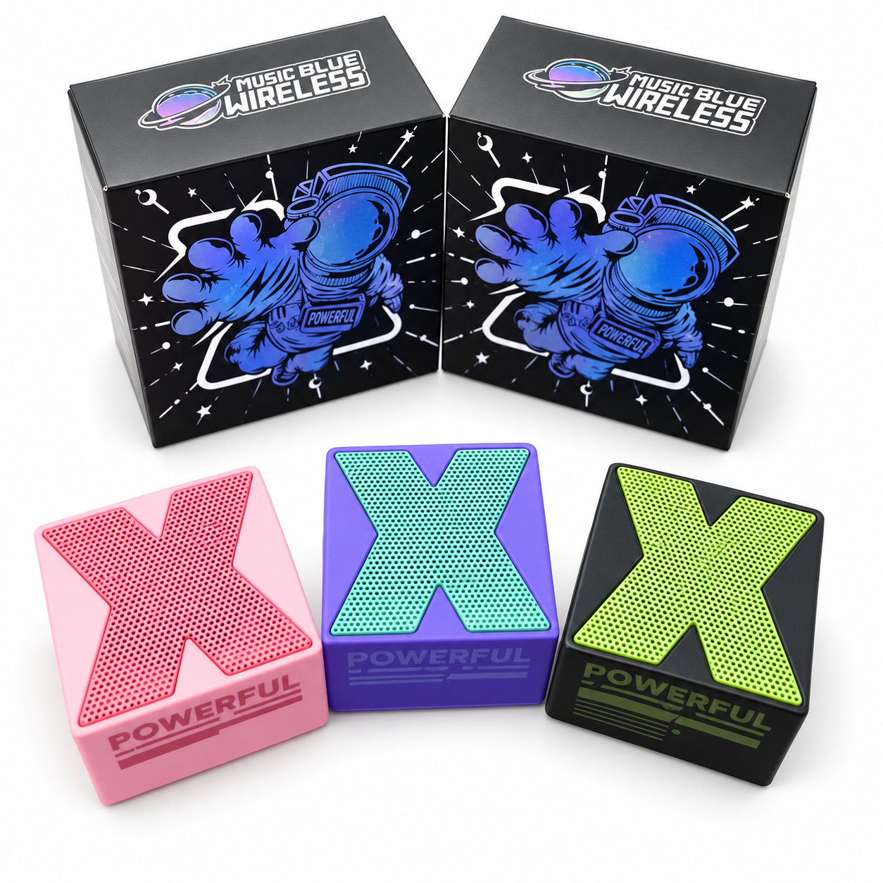 Miniparlantes modelo X con cajas de astronauta