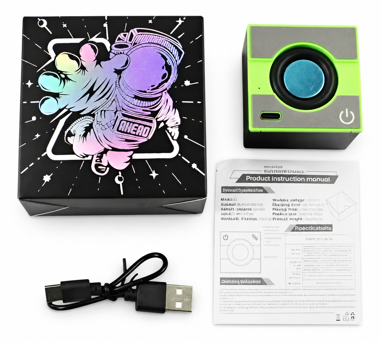 Miniparlante con caja, cable USB y manual